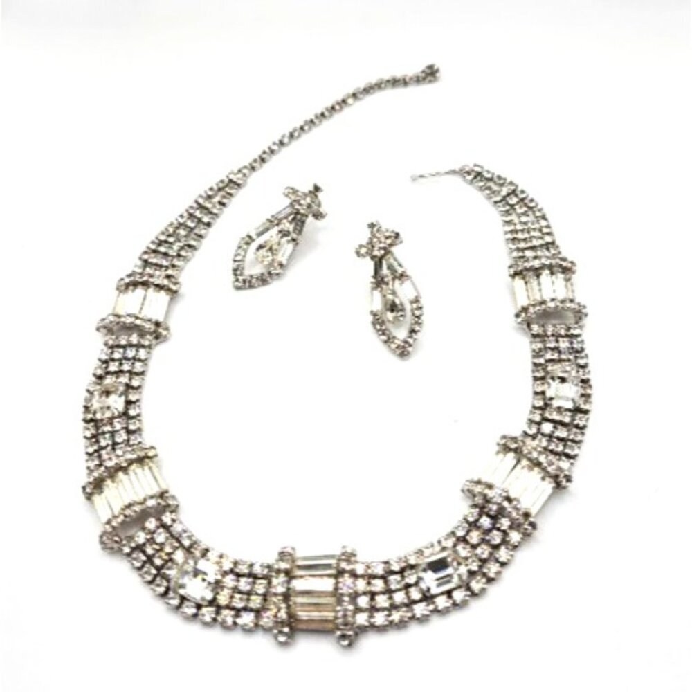 Vintage 1950s Clear Rhinestone Bib Necklace & Screwback Earrings Set Glam
